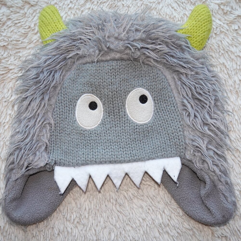 Toddler Gray Furry Monster Beanie Hat with Ear Flaps to Stay Warm